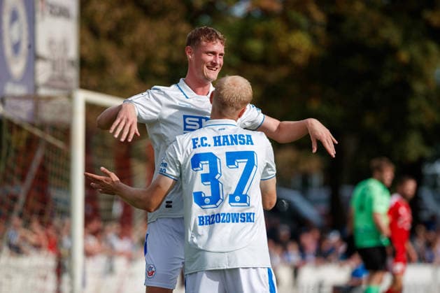 Goal celebration 0 1 Goal scorer Emil Frost Holten Rostock GER, SV Gützkow vs. FC Hansa Rostock, Soccer, Men, Round 3, Lübzer Pils State Cup, 2026–2027 season, October 3, 2026, Gützkow Stadium, Gützkow, Mecklenburg-Western Pomerania, Germany