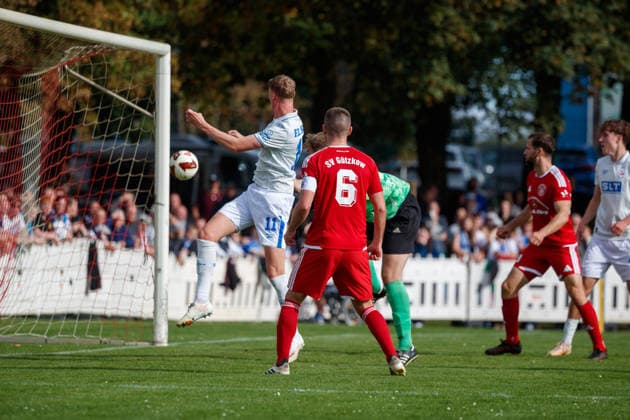 Emil Frost Holten Rostock scores the 0-1 goal for GER here, SV Gützkow vs. FC Hansa Rostock, Soccer, Men, Round 3, Lübzer Pils State Cup, 2026–2027 season, October 3, 2026, Gützkow Stadium, Gützkow, Mecklenburg-Western Pomerania, Germany
