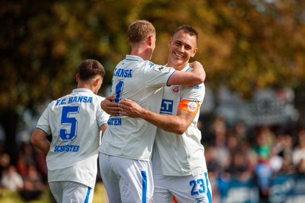 Goal celebration 0-1 (left): Goal scorer Emil Frost, Holten Rostock with Franz Pfanne, Rostock, GER; SV Gützkow vs. FC Hansa Rostock, Soccer, Men, Round 3, Lübzer Pils State Cup, 2026–2027 season, October 3, 2026, Gützkow Stadium, Gützkow, Mecklenburg-Western Pomerania, Germany