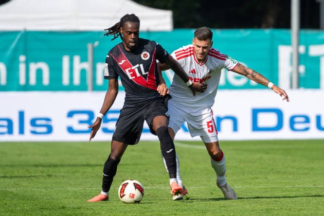 Tackle between Yannick Tonye of Viktoria Cologne, 07, and Tom Krauss of 1. FC Cologne, 05; FC Viktoria Cologne vs. FC Hansa Rostock, soccer, 3. Liga, Matchday 05, 2026–2027 season, September 11, 2026 DFL DFB regulations prohibit any use of photographs as image sequences and or quasi-video FC Viktoria Cologne vs. FC Hansa Rostock, soccer, 3rd Division, Matchday 5, 2026–2027 season, September 11, 2026, Cologne Copyright: xEibner-Pressefoto ThomasxHaeslerx EP_THR