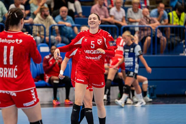 HSG Blomberg Lippe (GER) vs. HC Podravka (CRO), Handball, EHF Champions League Women, Group Stage, October 3, 2026, 2026–2027 Season, Katarina Pandza of HC Podravka, No. 05, celebrates after scoring a goal at the Phoenix Contact Arena in Lemgo, Germany