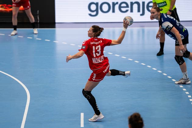 HSG Blomberg Lippe (GER) vs. HC Podravka (CRO), Handball, EHF Champions League Women, Group Stage, October 3, 2026, 2026–2027 Season, Lemgo: Dejana Milosavljevic (HC Podravka) scores on a 7-meter throw at the Lemgo Phoenix Contact Arena, Germany