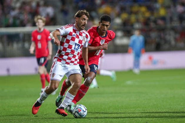 Rijeka, Croatia, 3rd October 2026. UEFA Nations League. Matchday 3, Group A3. Croatia v England at Rujevica, Rijeka. Nikola VLASIC (13) and Jude BELLINGHAM (10). Croatia v England, UEFA Nations League.