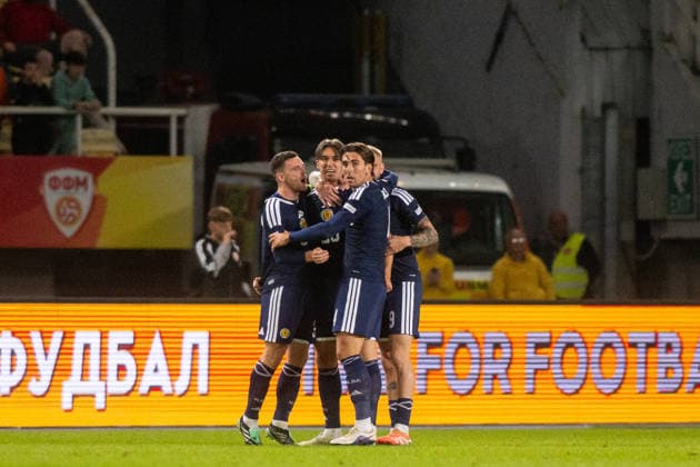 Kieron Bowie seen celebrating after scoring goal during UEFA Nations League Division B game between National Teams of North Macedonia an Scotland (Jacek Prondzynski Ball Raw Images) Skopje North Macedonia, Skopje North Macedonia Copyright: xJacekxProndzynskix jacekprondzynski_northmacedonia_scotland_2627_018