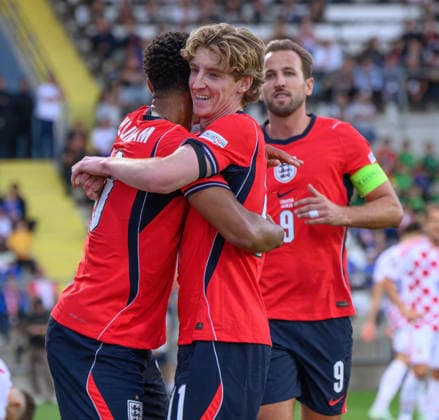 03 October 2026 - Croatia v England - UEFA Nations League - Stadion HNK - Rijeka - Croatia. Croatia v England - UEFA Nations League - Stadion HNK - Rijeka - Croatia. England s Jude Bellingham celebrates his goal with Anthony Gordon. Picture : Mark Pain RIJEKA CROATIA Copyright: xMarkxPainx