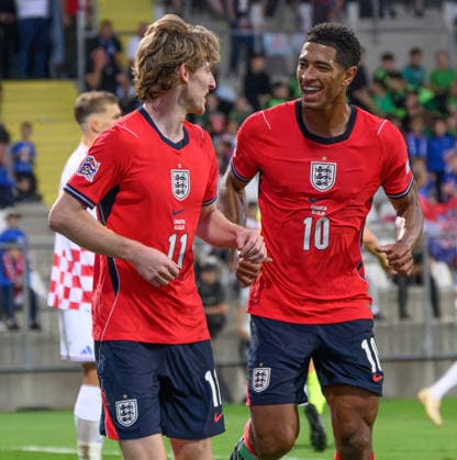 03 October 2026 - Croatia v England - UEFA Nations League - Stadion HNK - Rijeka - Croatia. Croatia v England - UEFA Nations League - Stadion HNK - Rijeka - Croatia. England s Anthony Gordon celebrates his goal with Jude Bellingham. Picture : Mark Pain RIJEKA CROATIA Copyright: xMarkxPainx