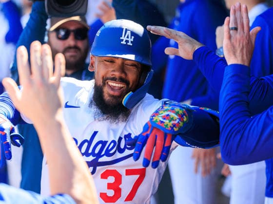 October 3, 2026, Los Angeles, California, USA: Teoscar Hernandez 37 of the Los Angeles Dodgers is congratulated in the dugout after hitting a two-run home run in the fourth inning during a NLDS Game 1 against the Atlanta Braves on Saturday October 3, 2026 at Dodger Stadium in Los Angeles, California. JAVIER ROJAS PI Dodgers Vs. Braves NLDS - Game 1 - ZUMAp124 20261003_zaa_p124_011 Copyright: xJavierxRojasx