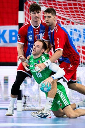 Bietigheim HBL 26 27 SG BBM Bietigheim Fuechse Berlin Jonas Josef (Bietigheim), Mathias Gidsel (Berlin), Nikola Vlahovic (Bietigheim) Bietigheim Bissingen Egetrans Arena Baden-Württemberg Germany