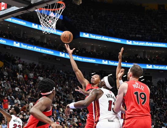 October 3, 2026, Quebec, On, Canada: Toronto Raptors Scottie Barnes shoots as Miami Heat s Bam Adebayo looks on during NBA, Basketball Herren, USA preseason basketball action in Quebec City, Saturday, Oct. 3, 2026. Canada News - October 3, 2026 - ZUMAc35_ 20261003_zaf_c35_127 Copyright: xJacquesxBoissinotx