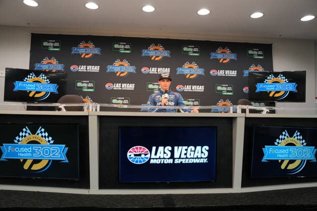 LAS VEGAS, CA - OCTOBER 03: Corey Day ( 17 Hendrick Motorsports HendrickCars.com Chevrolet) answers questions from the media after winning the Focused Health 302 NASCAR, Motorsport, USA O™Reilly Auto Parts Series race on October 3, 2026, at Las Vegas Motor Speedway in Las Vegas, NV. (Photo by Jack Geissinger LVMS Icon Sportswire) AUTO: OCT 03 NASCAR O™Reilly Auto Parts Series Focused Health 302 EDITORIAL USE ONLY Icon26100319604