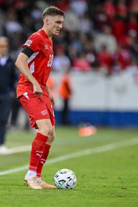 Michel Aebischer of Switzerland controls the ball during the UEFA Nations League 2026–27 group stage match between Switzerland and Slovenia at Luzern Arena on October 3, 2026, in Lucerne, Switzerland. Photo by Harry Langer, DeFodi Images