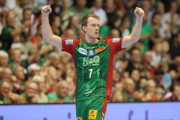 October 4, 2026, xtgx, Opel HBL Handball, SC Magdeburg vs. HC Erlangen emspor, from left: Felix Claar (Magdeburg), 7, celebration, goal celebration, celebrating the goal, Magdeburg celebration