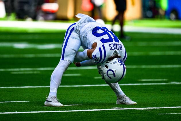 Washington Commanders v Indianapolis Colts, International Series Long snapper Luke Rhodes (46) of the Indianapolis Colts warms up during the International Series match between Washington Commanders and Indianapolis Colts at Tottenham Hotspur Stadium, London, UK on 4 October 2026. Editorial use only , Copyright: xDennisxGoodwinx PSI-24939-0623