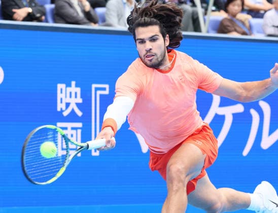 October 4, 2026, Tokyo, Japan - Carlos Alcaraz of Spain returns the ball against Denis Shapovalov of Canada during the quarter-final match of the Japan Open tennis championships at the Ariake Colosseum in Tokyo on Sunday, October 4, 2026. Shapovalov gave up the game in the middle and alcaraz advanced to the semi-final 7-6, 6-1. (photo by Yoshio Tsunoda AFLO) Noxthirdxpartyxsales 0868518527st YoshioxTsunodax
