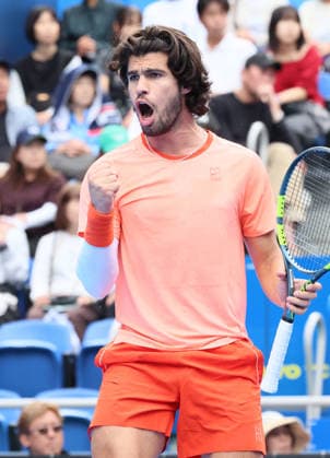 October 4, 2026, Tokyo, Japan - Carlos Alcaraz of Spain clinches his fist as he won a key point against Denis Shapovalov of Canada during the quarter-final match of the Japan Open tennis championships at the Ariake Colosseum in Tokyo on Sunday, October 4, 2026. Shapovalov gave up the game in the middle and alcaraz advanced to the semi-final 7-6, 6-1. (photo by Yoshio Tsunoda AFLO) Noxthirdxpartyxsales 0868518556st YoshioxTsunodax