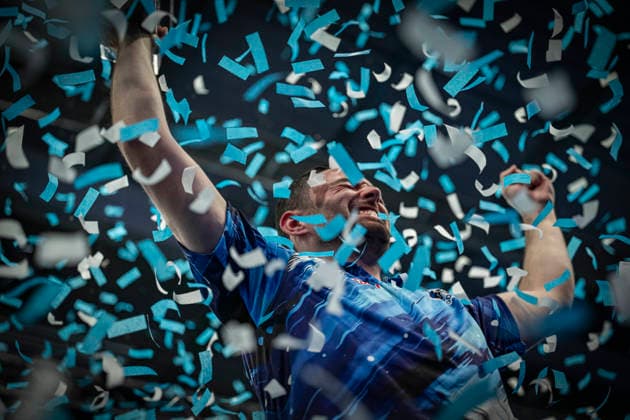 RECORD DATE NOT STATED 4th October 2026; Mattioli Arena, Leicester, England; PDC World Grand Prix Darts, World Grand Prix, Final Day; Luke Humphries celebrates winning the Boyle Sports World Grand Prix against Gerwyn Price as the confetti falls GodfreyxPitt