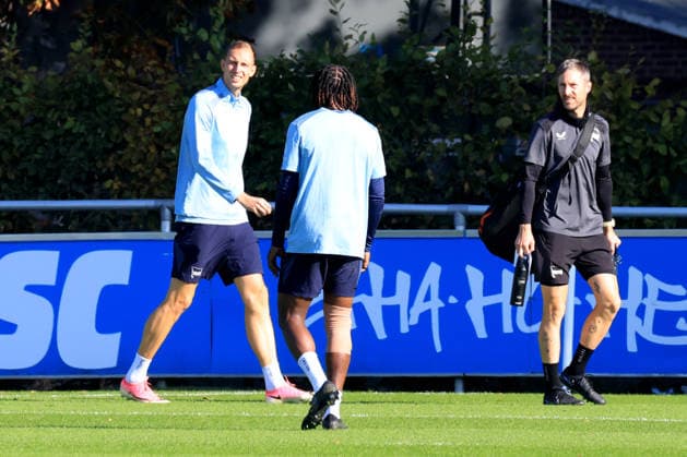 October 5, 2026, Germany, Soccer, 2. Bundesliga, 2026–2027 season, Sportforum, Hertha BSC, Training: Deyovaisio Zeefuik (Hertha BSC Berlin 42), Gustaf Nilsson (Hertha BSC Berlin 9), 2nd Division, DFB and DFL regulations prohibit any use of photographs as image sequences and or quasi-video. nordphoto GmbH, Engler, Berlin, Sportforum, Berlin, Germany Copyright: xNordphotox xEnglerx
