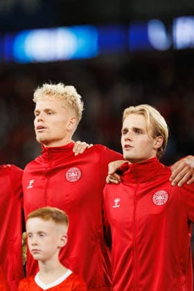 RECORD DATE NOT STATED 4th October 2026; Cardiff City Stadium, Cardiff, Wales; UEFA Nations League Football, Wales versus Denmark; Oliver Provstgaard of Denmark and Victor Froholdt of Denmark sing national anthem pregame AmandaxMcMaster