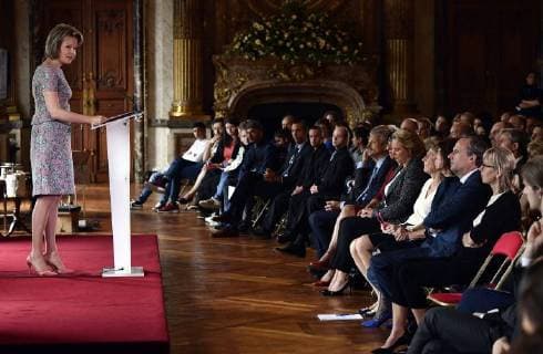 Queen Mathilde of Belgium delivers a speech during a ceremony to award the Queen Mathilde Award 2018, in Brussels, Wednesday 16 May 2018. The winner of the Queen Mathilde award is selected by a youth jury from one of the thirteen Queen Mathilde Foundation projects ERICxLALMAND 05346916