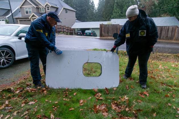 The National Transportation Safety Board (NTSB) announced on Monday, January 8, 2024, that they had recovered the door plug from Alaska Airlines Flight 1282 Boeing 737-9 MAX, in Cedar Hills, Oregon. NTSB investigators are sending the door plug to the NTSB Materials Laboratory in Washington, DC, for further examination. Shortly after takeoff on January 5, the panel installed to replace an optional emergency exit door, also known as a door plug, blew out, causing an uncontrolled aircraft decompression. Photo via NTSB WAX2024010803 NTSB