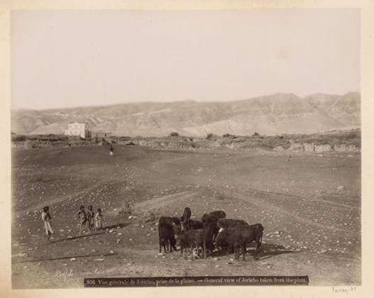 RECORD DATE NOT STATED View of Jericho from the plain, on the left the Jordan Hotel, in the foreground children with a herd, Maison Bonfils, c. 1867 - c. 1895 photograph Part of Reisalbum with photos of Jerusalem and other biblical places. Jericho cardboard. paper. photographic support albumen print plain. hotel, hostelry, inn. herding, herdsman, herdswoman, shepherd, shepherdess, cowherd, etc. Jericho Copyright: xpiemagsx rknbpie11012024-22470 !ACHTUNG AUFNAHMEDATUM GESCHÄTZT!
