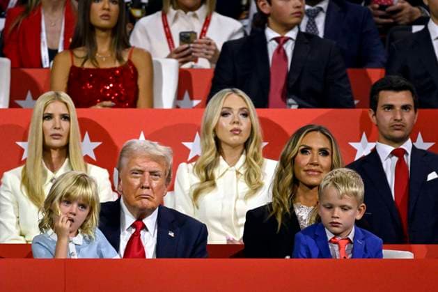 (L-R) Ivanka Trump, Carolina Dorothy Trump, former President Donald Trump, Tiffany Trump, Lara Trump, Eric Luke Trump, and Donald John III look on during the 2024 Republican National Convention at Fiserv Forum in Milwaukee, Wisconsin on Thursday, July 18, 2024. The theme of the final day is Make America Great Once Again, with former President Donald Trump as the featured speaker. MIL20240718333 MATTxMARTON