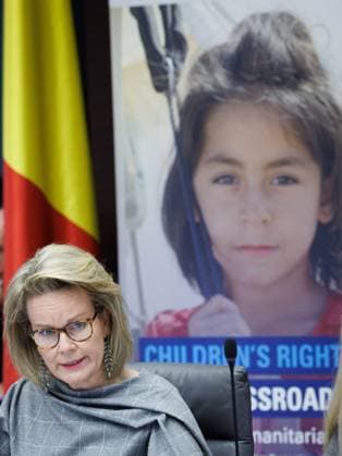 Queen Mathilde of Belgium delivers a speech at an International conference Children s Rights at a Crossroads: Evolving Humanitarian Crises on the occasion of the 35th anniversary of the International Convention on the Rights of the Child, Friday 22 November 2024, in Brussels. The conference is organized by FPS Foreign Affairs, Foreign Trade and Development Cooperation, Unicef Belgium and Plan International Belgium. BENOITxDOPPAGNE 106017511