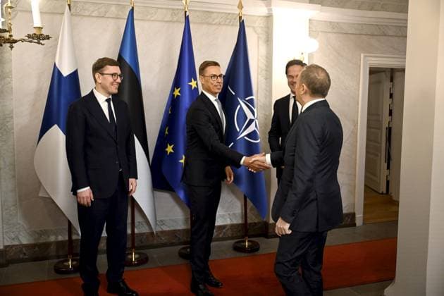 Finnish President Alexander Stubb (2nd left) welcomes Polish Prime Minister Donald Tusk (right) in the beginning of the aummit of the Baltic Sea NATO countries at the Presidential Palace in Helsinki, Finland, on January 14, 2025. Estonian Prime Minister Kristen Michal is on the left and and Nato s Secretary General Mark Rutte on the 2nd right. Finnish President Alexander Stubb and Estonian Prime Minister Kristen Michal host a summit of the Baltic Sea NATO countries in Helsinki on January 14. The topic of the summit is the security of the Baltic Sea region, especially measures required to secure the critical underwater infrastructure. Helsinki Finland Copyright: xAnttixAimo-Koivistox LKFTJK20250114095321JKSW