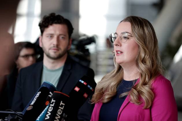 Felix Banaszak, Co-Chair of Buendnis 90 Die Gruenen, Katharina Droege, Co-Chair of Buendnis 90 Die Gruenen parliamentary group, joint statement by the Federal Executive Committee and the parliamentary group of the Greens, DEU, Berlin, 10 03 2025