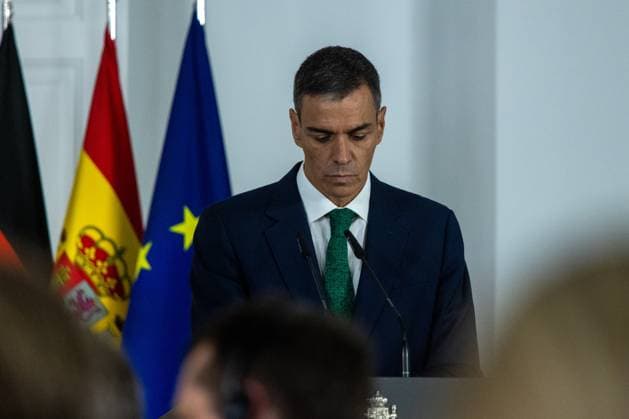 September 18, 2025, Madrid, Spain: The President of the Government of the Kingdom of Spain, Pedro Sanchez, speaks during an official visit by the Chancellor of the Federal Republic of Germany, Friedrich Merz (not in view) at the Moncloa Palace. Madrid Spain - ZUMAs197 20250918_aaa_s197_449 Copyright: xDavidxCanalesx
