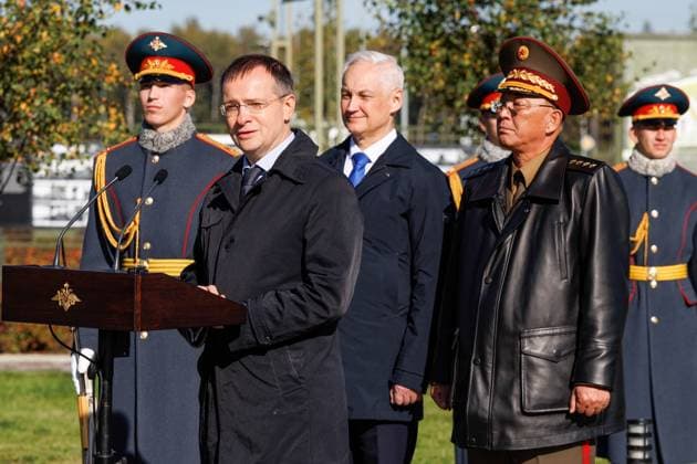 RUSSIA, MOSCOW REGION - OCTOBER 1, 2025: Russia s Presidential Aide, Chairman of the Russian Military Historical Society Vladimir Medinsky (front), Russia™s Defence Minister Andrei Belousov (3rd R) and North Korea™s Minister of National Defence General No Kwang Chol (2nd R) attend the unveiling of the Allies. Fighters of Korea sculpture on the Alley of Allies near the Main Cathedral of the Russian Armed Forces Russia - ZUMAt113 20251001_zaa_t113_423 Copyright: xVadimxSavitskyx