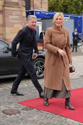 Celebrations for the Day of German Unity in Saarbruecken Bundestag President Julia Kloekner together with her friend Jorg Pilawa at their first joint appearance and arrival at the State Chancellery, Saarbruecken, 03 10 2025 Saarbruecken Saarland Germany