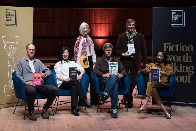 November 9, 2025, London, England, United Kingdom: Authors shortlisted for the Booker Prize 2025 pose with their books (L-R) British-US author BEN MARKOVITS with ‘The Rest of Our Livesâ€⠢, US author KATIE KITAMURA with ‘Auditionâ€⠢, US author SUSAN CHOI with ‘Flashlightâ€⠢, Hungarian-British author DAVID SZALAY with ‘Fleshâ€⠢, British author ANDREW MILLER with ‘The Land in Winterâ€⠢ and Indian author KIRAN DESAI with ‘The Loneliness of Sonia and Sunny during a photocall ahead of a reading event at Southbank Centre. The winner of the Booker Prize 2025 will be announced on Monday, 10 November at a ceremony in London, and the winning author will receive £50,000. London United Kin - ZUMAs371 20251109_zip_s371_122 Copyright: xWiktorxSzymanowiczx