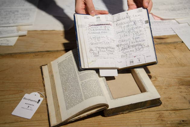 Bonhams Sound & Cinema: With Property from The Marianne Faithfull Estate Sale - Bonhams, London, UK - 1 December 2025 A staff member views A diary, a large collection of archival notes and lyrics, and other personal items owned by Marianne Faithfull (est. £1.5k - £2k) which is on auction at Bonhams Sound & Cinema: With Property from The Marianne Faithfull Estate Sale ending from 3rd December 2025 at Bonhams in London, England, UK on Monday 1 December, 2025., Credit:Justin Ng Avalon UK, England, London, Bonhams Copyright: xJustinxNgx xAvalonx 1055809857