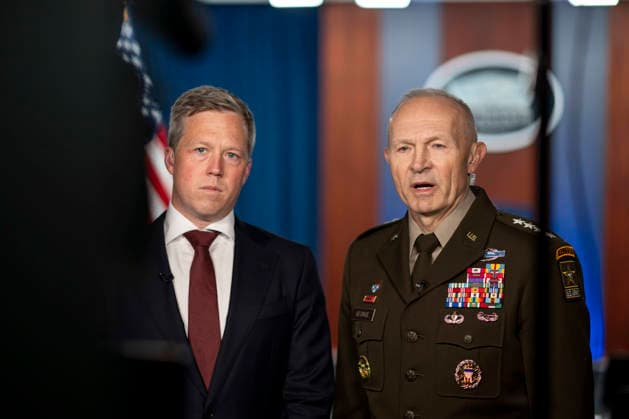 April 3, 2026, Washington, Dc, United States of America: U.S Army Secretary Dan Driscoll, left, and Chief of Staff of the Army Gen. Randy A. George take part in an interview with â€oeFox and Friendsâ€� to discuss the new Department of Defense memorandum on Army transformation and acquisition reform, at the Pentagon, May 1, 2025, in Washington, D.C.. Defense Secretary Pete Hegseth fired George on April 3, 2026 in a major shake-up of Army leadership. Washington United States of America - ZUMAp138 20260403_zaa_p138_022 Copyright: xPo1xAlexanderxKubitza Dodx