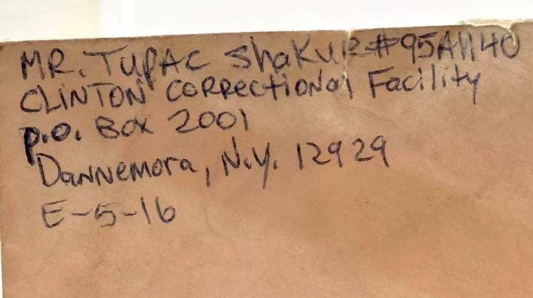 April 13, 2026, New York, New York, USA: A detail view of an envelope from the handwitten letter from Tupac Shakur to his girlfriend at the time Desiree Smith, penned from prison, ca. 1995, estimate $20,000 - $30,000, seen at the press preview for the Sothebyâ€⠢s New York Rock and Pop Sale held at the Breuer Building. New York USA - ZUMAk03_ 20260413_zaf_k03_026 Copyright: xNancyxKaszermanx