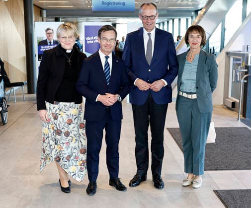 STOCKHOLM, SWEDEN 20260509 German Chancellor Friedrich Merz, Chairman of the CDU party, with wife Charlotte Merz, is received by Swedish Prime Minister Ulf Kristersson, the Moderate Party leader, with wife Birgitta Ed,at the party s annual convention at Stockholm Waterfront Congress Centre in Stockholm, Sweden, on May 9, 2026 STOCKHOLM SWEDEN x60160x Copyright: xStefanxJerrevang TTx SWEDEN GERMANY DIPLOMACY euuA8RtI5o4
