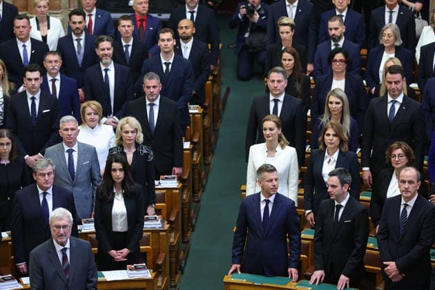 (260509) -- BUDAPEST, May 9, 2026 -- Peter Magyar (3rd R, front row), leader of Hungary s Tisza Party, and Agnes Forsthoffer (3rd R, 2nd row), vice president of the Tisza Party, attend the inaugural session of Hungary s new parliament in Budapest, Hungary, May 9, 2026. Hungary s new parliament convened on Saturday for its inaugural session, electing Agnes Forsthoffer, vice president of the Tisza Party, as speaker of the National Assembly. In the parliamentary elections, the Tisza Party, led by Peter Magyar, defeated the ruling Fidesz-KDNP coalition led by Viktor Orban, winning 141 of the 199 seats and securing a two-thirds majority in the new parliament. (Photo by Xinhua) HUNGARY-BUDAPEST-NEW PARLIAMENT-INAUGURAL SESSION DavidxBalog