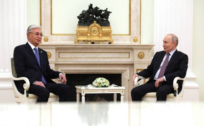 May 9, 2026, Moscow, Moscow Oblast, Russia: Russian President Vladimir Putin, listens during a bilateral meeting with Kazakhstan President Kassym-Jomart Tokayev, left, following the Victory Day parade at the Grand Kremlin Palace, May 9, 2026 in Moscow, Russia. The annual event marked the 81st anniversary of the victory over Nazi Germany in World War Two. Moscow Russia - ZUMAp138 20260509_zaa_p138_045 Copyright: xKremlinxPool RussianxGovernmentx