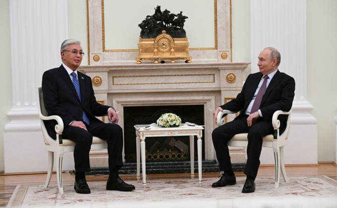 May 9, 2026, Moscow, Moscow Oblast, Russia: Russian President Vladimir Putin, listens during a bilateral meeting with Kazakhstan President Kassym-Jomart Tokayev, left, following the Victory Day parade at the Grand Kremlin Palace, May 9, 2026 in Moscow, Russia. The annual event marked the 81st anniversary of the victory over Nazi Germany in World War Two. Moscow Russia - ZUMAp138 20260509_zaa_p138_065 Copyright: xKremlinxPool RussianxGovernmentx
