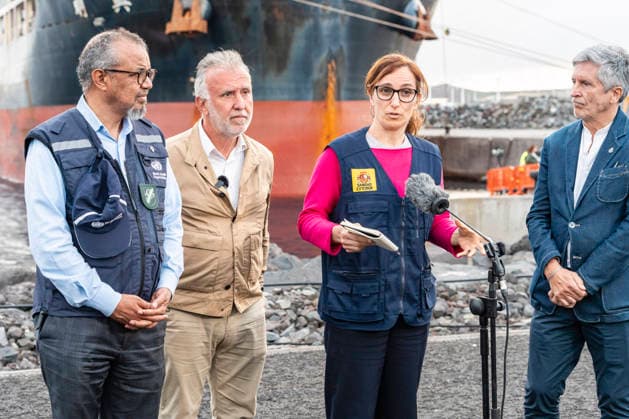 Health concludes that the MV Hondius will be able to sail late tomorrow afternoon after completing the repatriations I D The director general of the World Health Organization WHO, Tedros Adhanom Ghebreyesus the Minister of Territorial Policy and Democratic Memory, Ángel Víctor Torres the Minister of Health, Mónica García and the Minister of the Interior, Fernando Grande Marlaska attend to the media in the port of Granadilla, on May 10, 2026, in Granadilla de Abona, Tenerife, Canary Islands Spain Mónica García has assured this Sunday that the ship affected by the hantavirus outbreak, on the MV Hondius, will be able to leave late in the afternoon of Monday, after all the repatriations have been completed The last to disembark from the ship t Copyright: xEuropaxPressxCanariasx 7513681