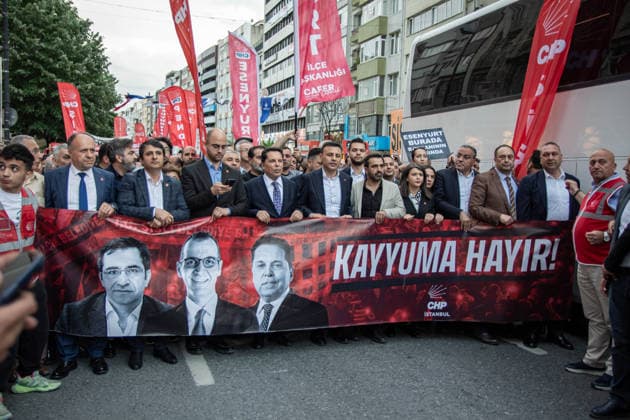 May 13, 2026, Istanbul, Istanbul, Turkey: Supporters of the Republican People s Party (CHP) take part in the first â€oeDemocracy and Freedom March†organized by the Istanbul Provincial Presidency in Istanbul, Turkey, on May 13, 2026. The march began in front of the Ataturk Museum in the district of Sisli and ended in front of the Sisli Municipality building. Thousands of demonstrators participated in the rally, chanting slogans such as â€oeNo to trustee appointments,†â€oeFreedom for political prisoners,†and messages supporting detained mayors. Istanbul Turkey - ZUMAt171 20260513_zip_t171_005 Copyright: xAbdullahxTepelix