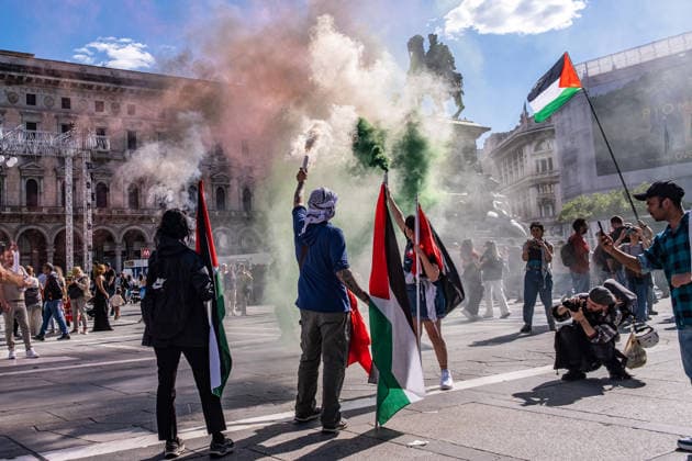 May 16, 2026, Milan, Lombardy, Italy: People take part in a national rally in support of Palestine on May 16, 2026, in Milan. The rally, organized in the run-up to the general strike on May 29, drew participants from all over Italy, and the organizers drew up 17 demands, including an end to the genocide, the termination of all economic agreements with Israel, and a halt to arms sales to Israel. Milan Italy - ZUMAs377 20260516_znp_s377_035 Copyright: xPietroxStariccox
