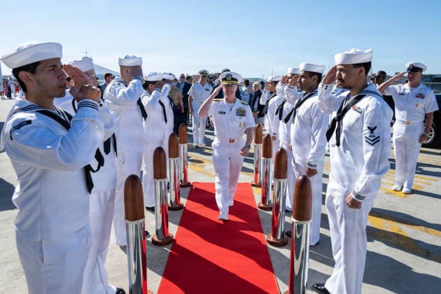 May 18, 2026, Norfolk, Va, United States of America: U.S. Navy Adm. Daryl Caudle, Chief of Naval Operations, left, salutes the side boys as he is piped aboard the Ford-class super carrier, USS Gerald R. Ford during the homecoming celebration at Naval Station Norfolk, May 16, 2026, in Norfolk, Virginia. The ship returned following a historic 11-month deployment sailing over 57,713 nautical miles. Norfolk United States of America - ZUMAp138 20260518_zaa_p138_051 Copyright: xMc1xJohnxBellino UsxNavyx
