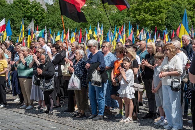 Commemoration procession held on Heroes Day in Lviv, Ukraine LVIV, UKRAINE, MAY 23: Military and civilians take part in a ceremony to honor the memory of fallen servicemen at the honorary burial grounds at the Lychakiv Cemetery during the Day of Heroes of Ukraine in Lviv, Ukraine, May 23, 2026. Also on this day, military personnel, police, members of youth organizations and civilians marched through the city in a solemn procession dedicated to all participants of the ATO JFO, war veterans and participants who died or are fighting for the freedom of Ukraine. Olena Znak Anadolu Lviv Ukraine. Editorial use only. Please get in touch for any other usage. Copyright: x2026xAnadoluxOlenaxZnakx