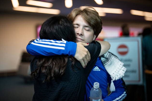 May 24, 2026, Vancouver, Bc, CANADA: Sebastian Tow, right, member of the Gaza flotilla, reunites with his mother Anita Wittenberg as he arrives at the Vancouver International Airport in Richmond B.C., on Sunday, May 24, 2026. Vancouver CANADA - ZUMAc35_ 20260524_zaf_c35_151 Copyright: xEthanxCairnsx