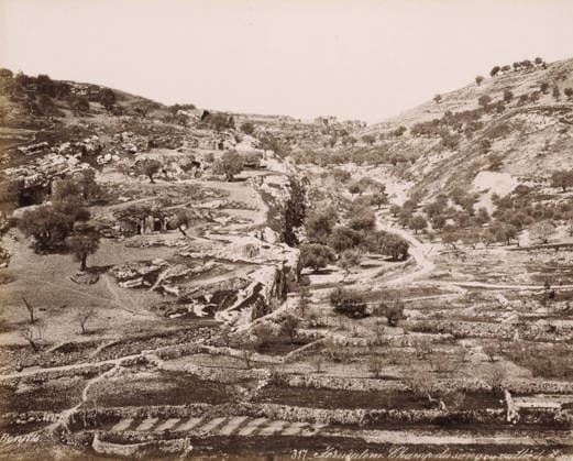 RECORD DATE NOT STATED View of the Valley of Hinnom near Jerusalem, Jà rusalem, Champ du sang ou vallà e de Hinn, photograph, Part of Travel album with photos of Jerusalem and other biblical places., negative number: 317 , photographer: Maison Bonfils, Jerusalem, c. 1867 - c. 1895, pasteboard, paper, albumen print, height 225 mm x width 281 mm, dale, valley, A sepia-toned landscape showing a rocky hillside and a valley with terraced slopes and scattered trees. The left side features rocky outcrops and caves cut into the stone, with several trees growing among the rocks. A narrow path runs along the ridge and down into the valley. The valley floor contains more terraces and low stone walls, interspersed with trees and shrubs. The right side shows a steep, terrace Copyright Penta Springs LCK260531_18256