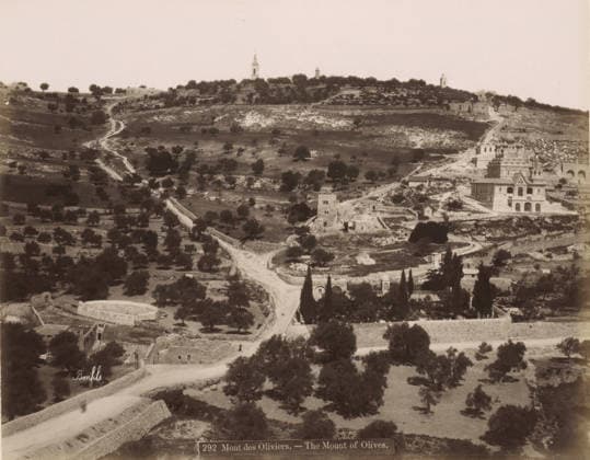 RECORD DATE NOT STATED View of the Mount of Olives in Jerusalem, Mont des Oliviers. - The Mount of Olives., photograph, Part of Travel Album with photos of Jerusalem and other biblical places., negative number: 292 , photographer: Maison Bonfils, Jerusalem, c. 1867 - c. 1895, pasteboard, paper, albumen print, height 223 mm x width 281 mm, mountains (landscape with figures, staffage), Mount of Olives, A wide sepia-toned landscape showing a hilly terrain with scattered trees and winding dirt paths leading upward, stone terraces and low walls breaking the slopes, a cluster of buildings on the right including a multi-domed ornate structure and adjacent rectangular buildings, ruins and small stone structures dotting the midground, taller tower-like structures visible Copyright Penta Springs LCK260531_18270