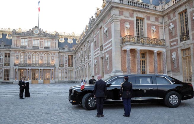 French President Emmanuel Macron and his wife, Brigitte, welcome US President Donald Trump to Versailles, outside Paris, France, on Wednesday, June 17, 2026. Trump was invited at the palace for dinner in the follow-up of the G7 summit in Evian. PAR202406082103 MAYAxVIDON-WHITE