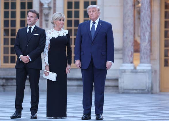 French President Emmanuel Macron and his wife, Brigitte, welcome US President Donald Trump to Versailles, outside Paris, France, on Wednesday, June 17, 2026. Trump was invited at the palace for dinner in the follow-up of the G7 summit in Evian. PAR202406082117 MAYAxVIDON-WHITE